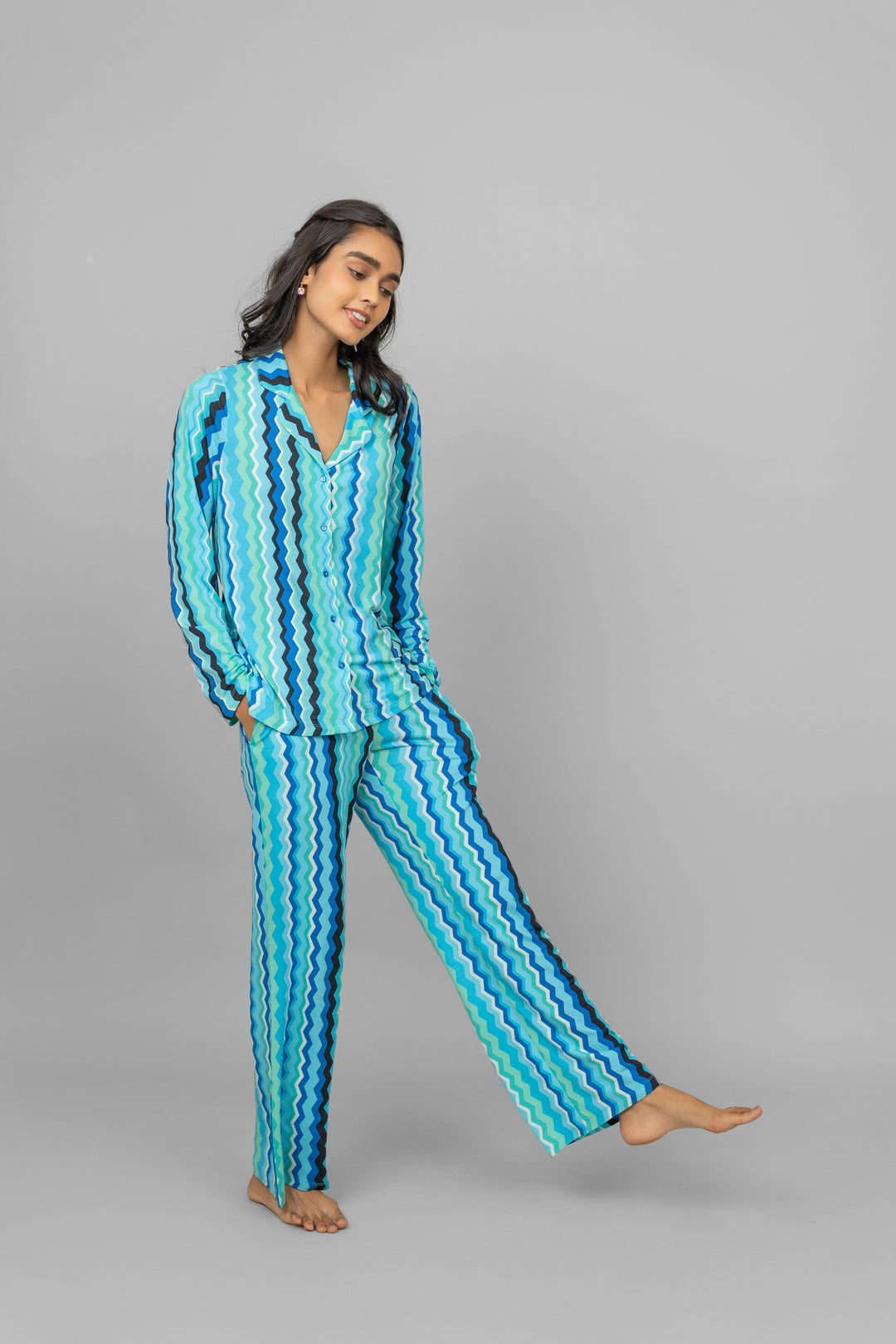 AquaWave full sleeve button down pajama set in blue zigzag pattern.
