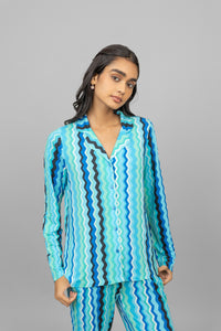 AquaWave full sleeve button-down shorts set in vibrant blue zigzag pattern.