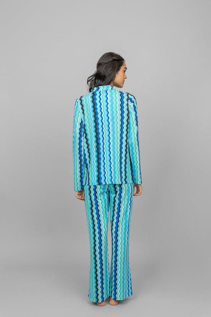 AquaWave full sleeve pajama set with wavy turquoise design.