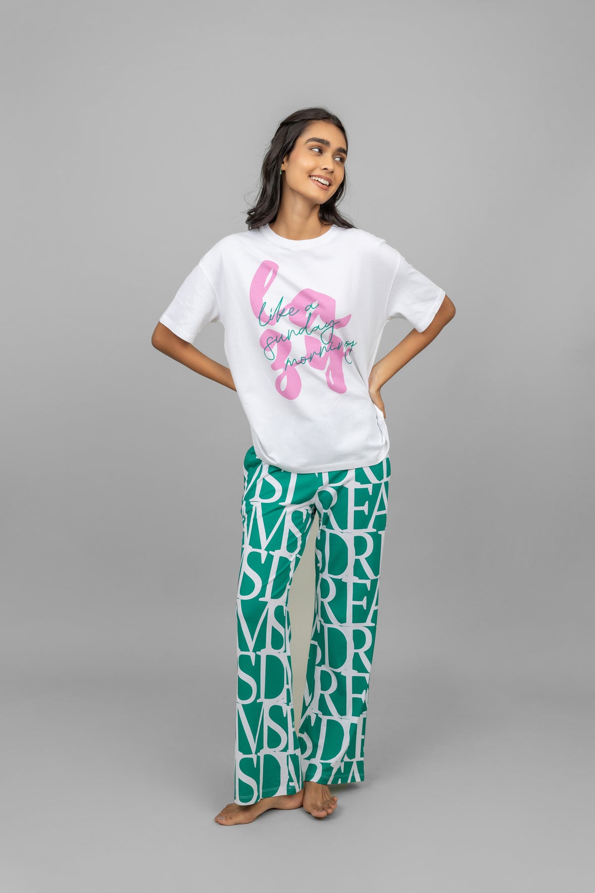 Dream Land Pajama Set featuring comfortable printed top and stylish pants.