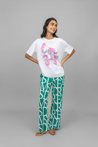 Dream Land Pajama Set featuring comfortable printed top and stylish pants.