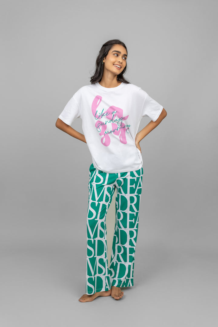 Dream Land Pajama Set featuring comfortable printed top and stylish pants.