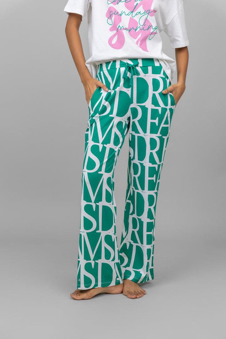 "Dream Land Pajamas in teal with stylish print for comfort."