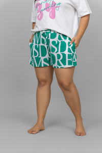 Comfortable Dream Land Shorts with vibrant letter print design.