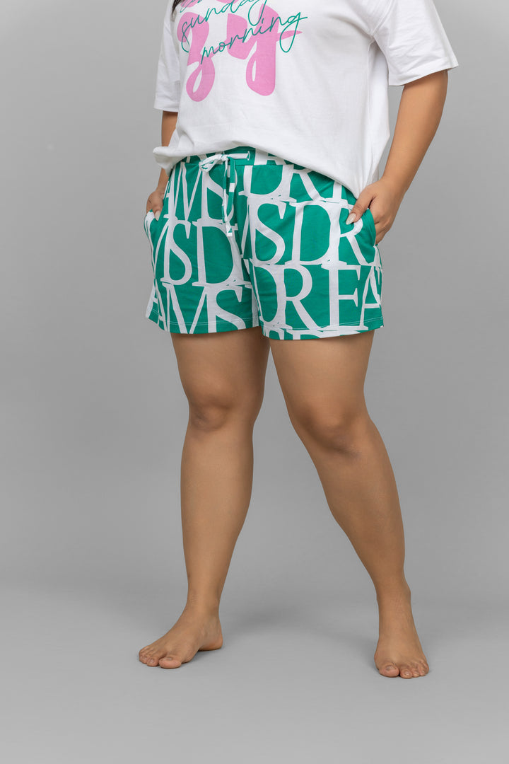 Comfortable Dream Land Shorts with vibrant letter print design.
