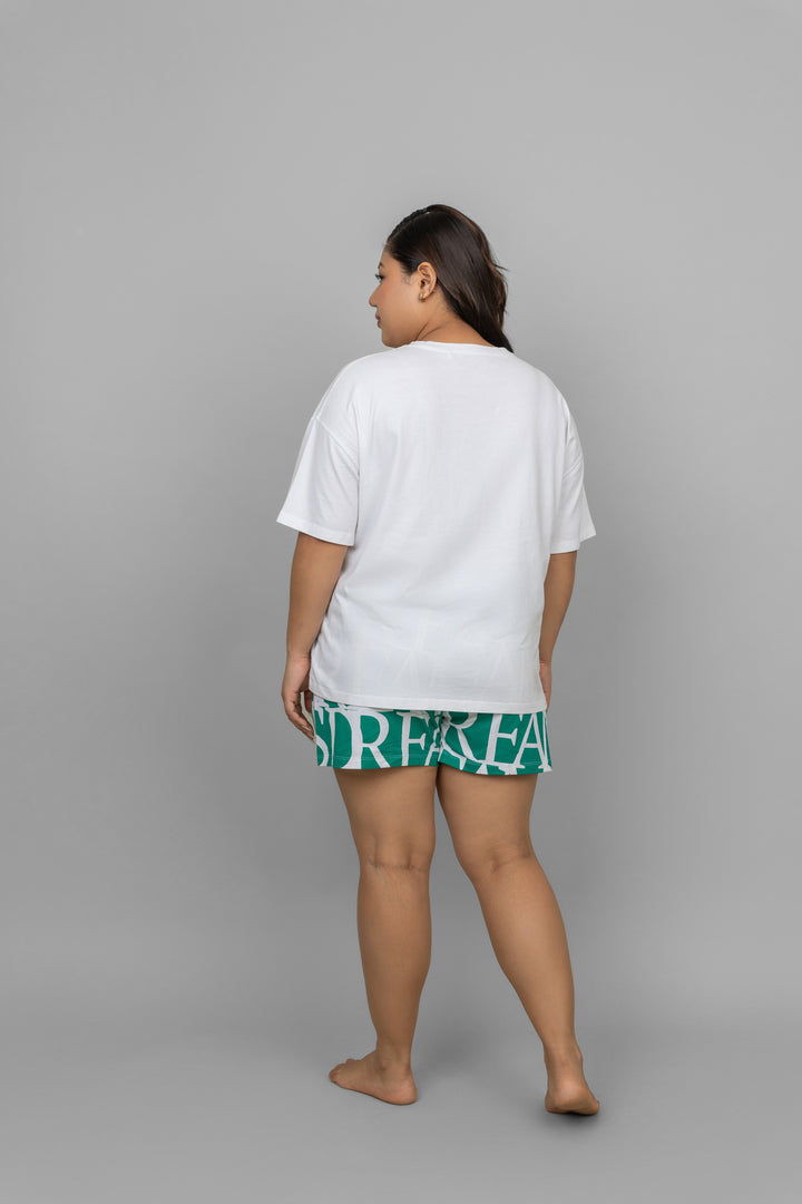 Dream Land Shorts Set featuring a casual white tee and printed shorts.