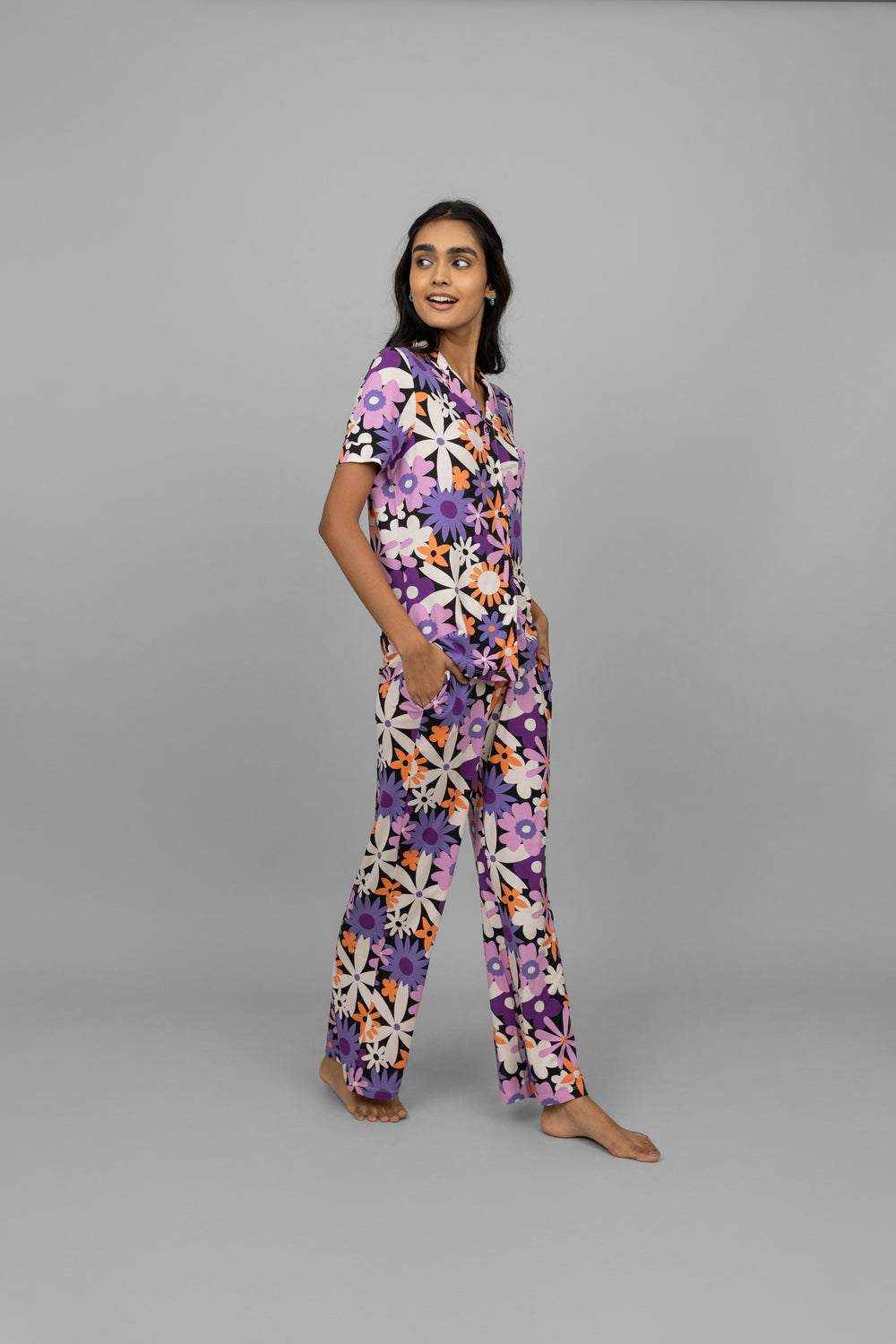 Floral Half Sleeves Button Down Pajama Set