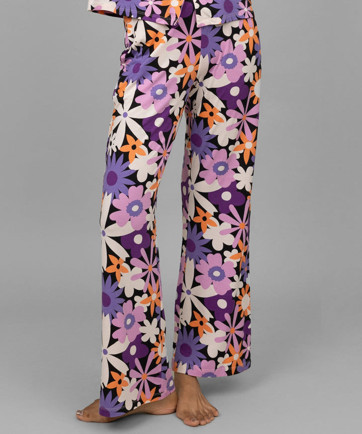 Colorful floral pajamas with a vibrant purple and orange design.