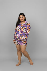 Floral full sleeves button down shorts set for women.