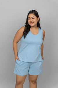 Blue cotton lounge shorts set for comfortable casual wear.