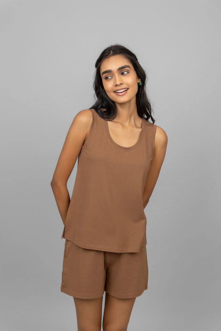 Home Brown Lounge Shorts on a model, stylish and comfortable.
