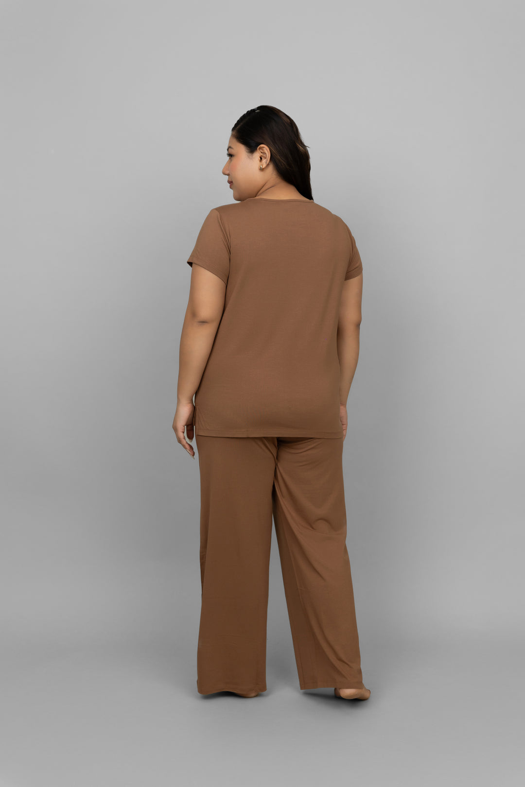 Home brown Supima co-ord set, comfortable and stylish loungewear outfit.