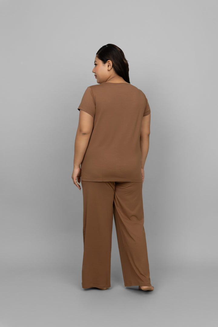 Home brown Supima co-ord set, comfortable and stylish loungewear outfit.
