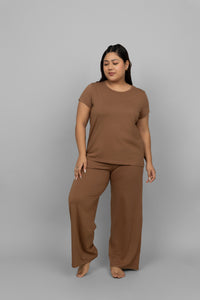 Home Brown Supima Co-ord Set styled on a model against a gray background.