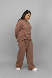 Brown terry ruched co-ord set, stylish and comfortable outfit for women.