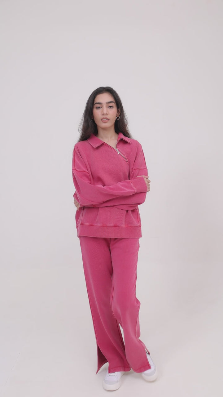 Red Cotton Terry Acid Wash Side Slit Pant