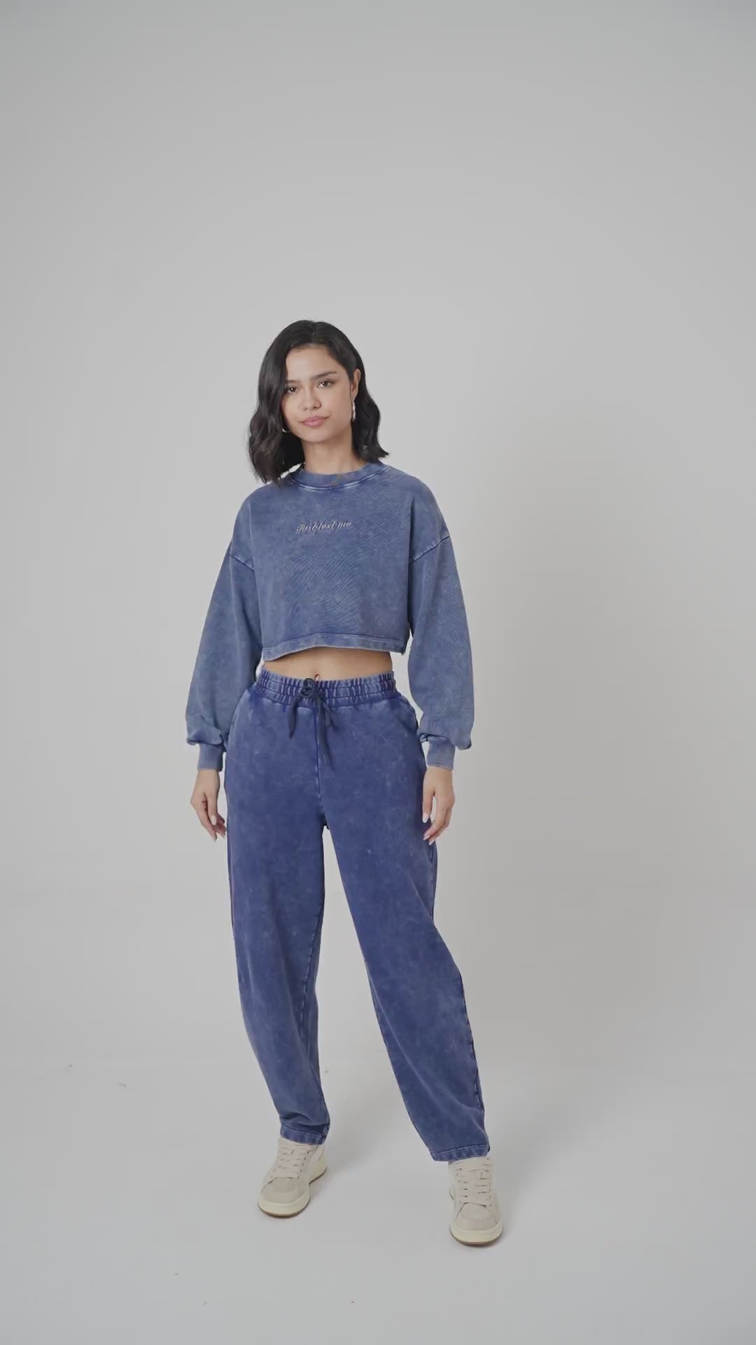 'Just Text Me' Navy Denim Wash Terry Barrel Co-ord Set