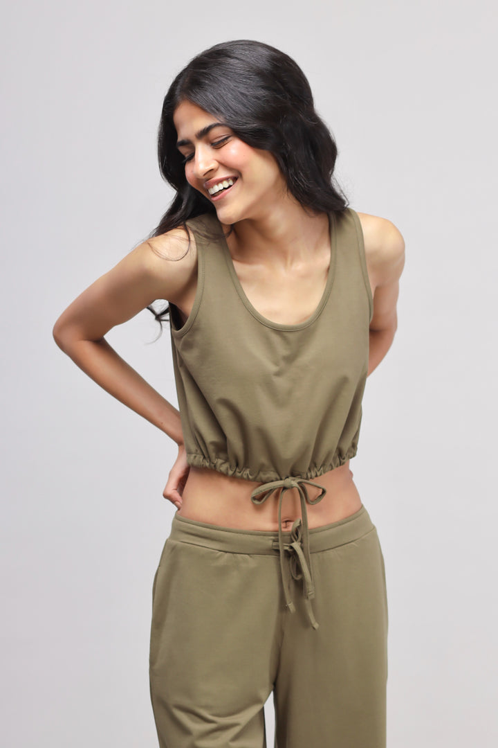 Olive Supima® drawstring co-ord set with comfortable crop top and pants.
