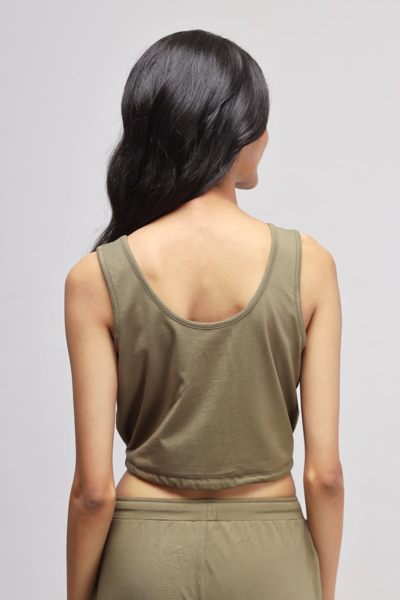 Olive Supima® drawstring co-ord set back view on model.