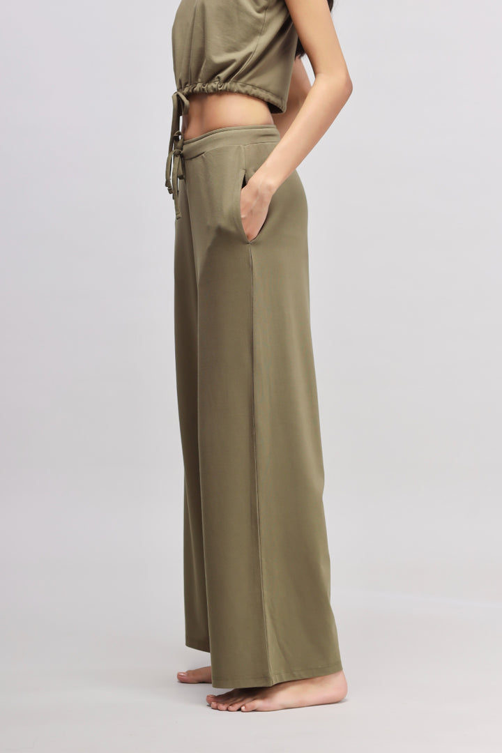 Olive Supima® drawstring co-ord set with pockets and casual style.