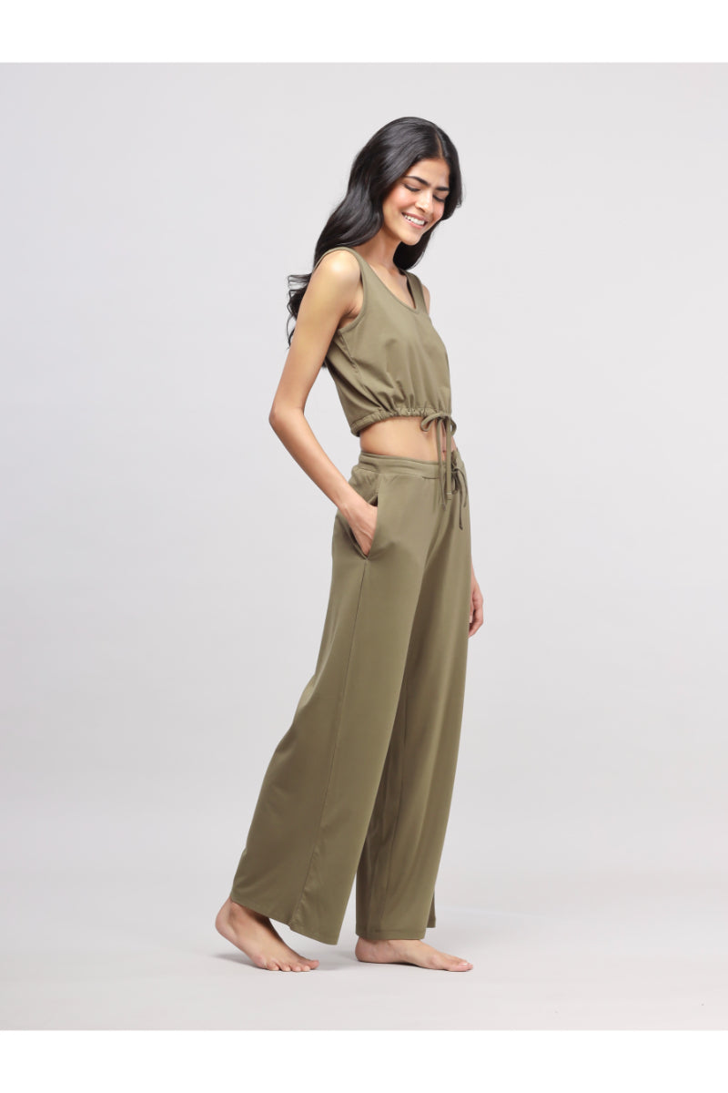 Olive Supima® drawstring co-ord set for stylish summer comfort.