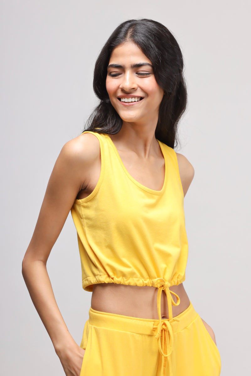 Sunny Lime Supima® Co-ord Set model showcasing vibrant yellow crop top.