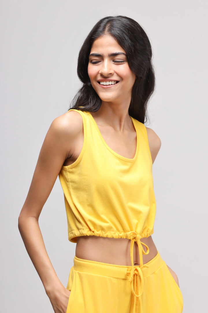 Sunny Lime Supima® Co-ord Set model showcasing vibrant yellow crop top.