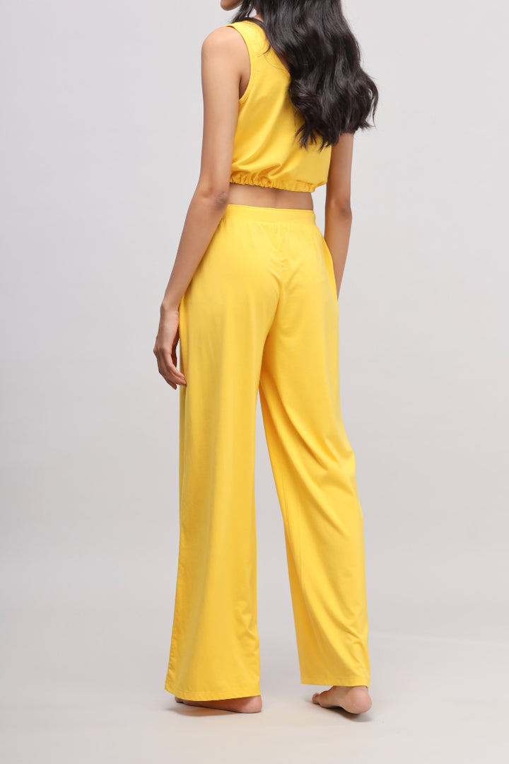 Sunny Lime Flared Supima® Pajamas in vibrant yellow, showcasing back view.