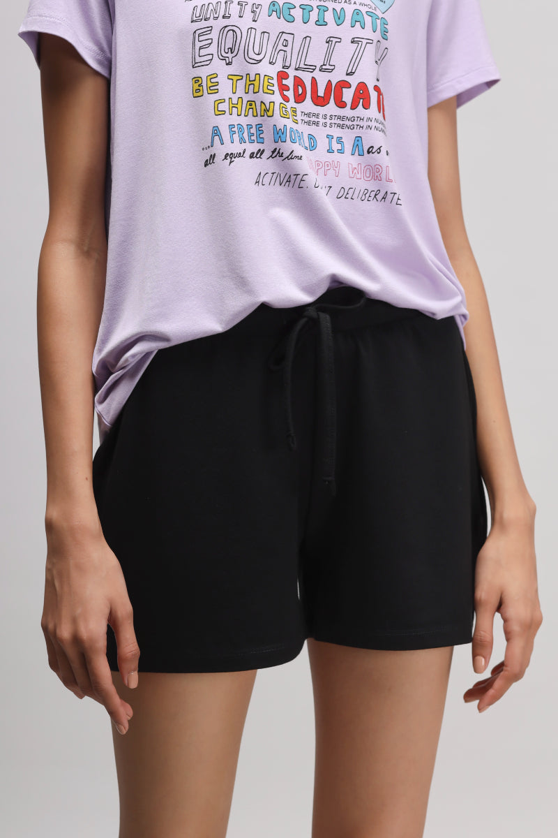 Equality Shorts Set featuring a graphic tee and black shorts.