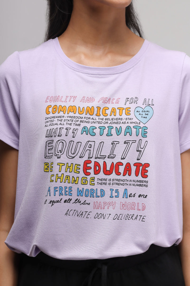 Equality Shorts Set featuring colorful message design on a lavender shirt.