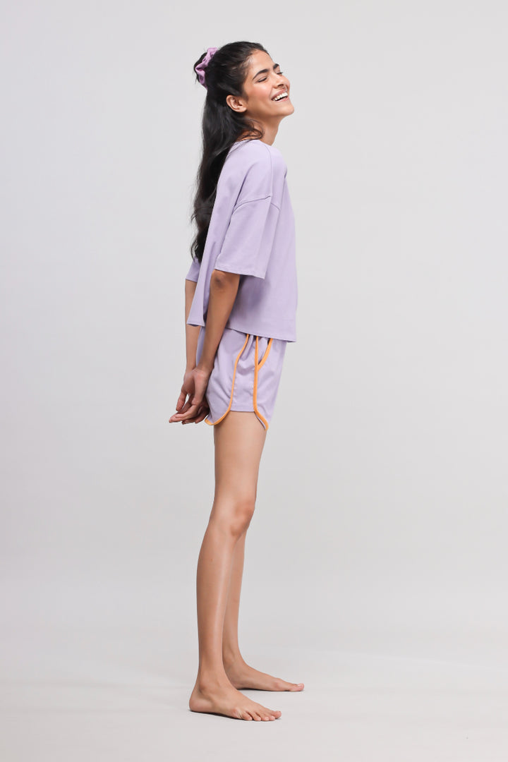 Boxy purple cotton shorts set, stylish and comfortable loungewear for women.