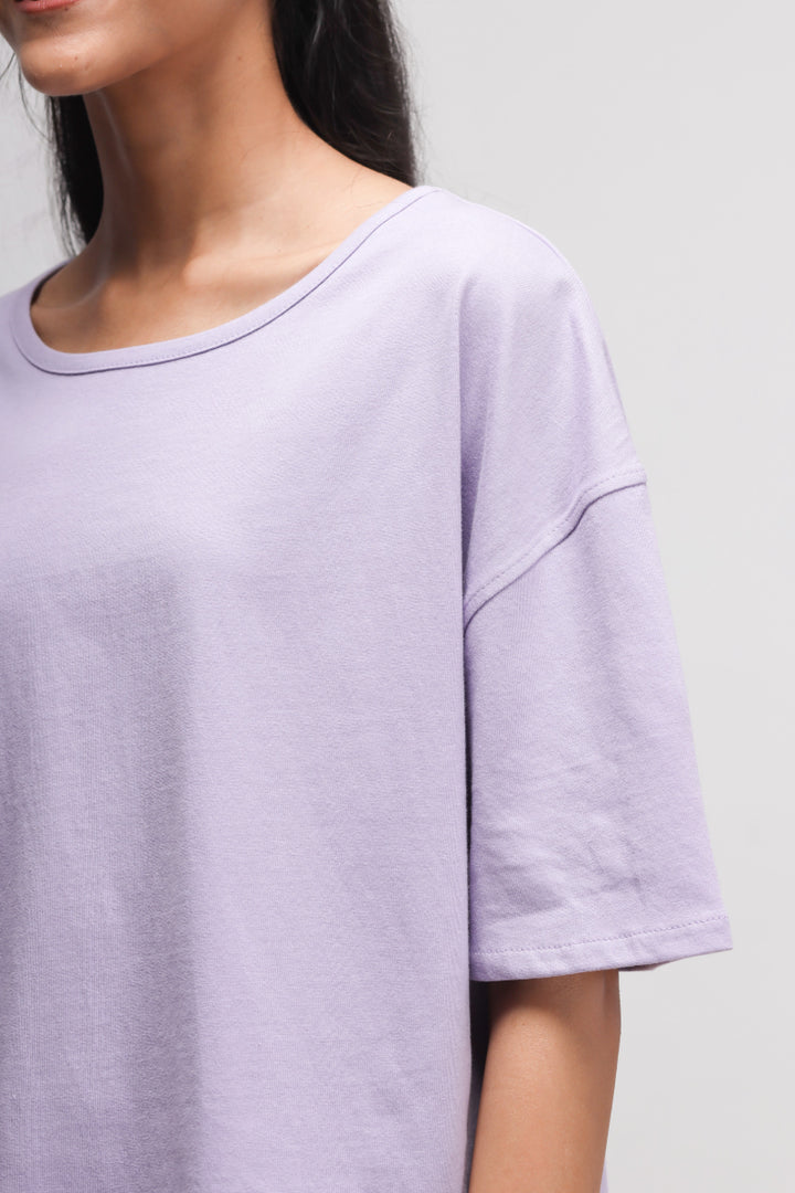 Boxy purple cotton shorts set for casual summer wear.