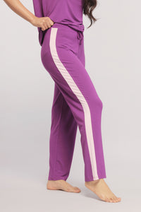 Royal Purple Lounge Pants with Pink Stripe, stylish and comfortable casual wear.