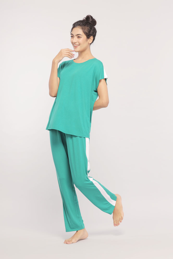 Cozy green and white stripe loungewear set for comfort and style.