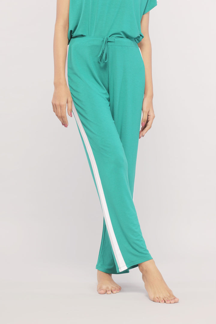 Cozy green and white stripe loungewear set for relaxed comfort.