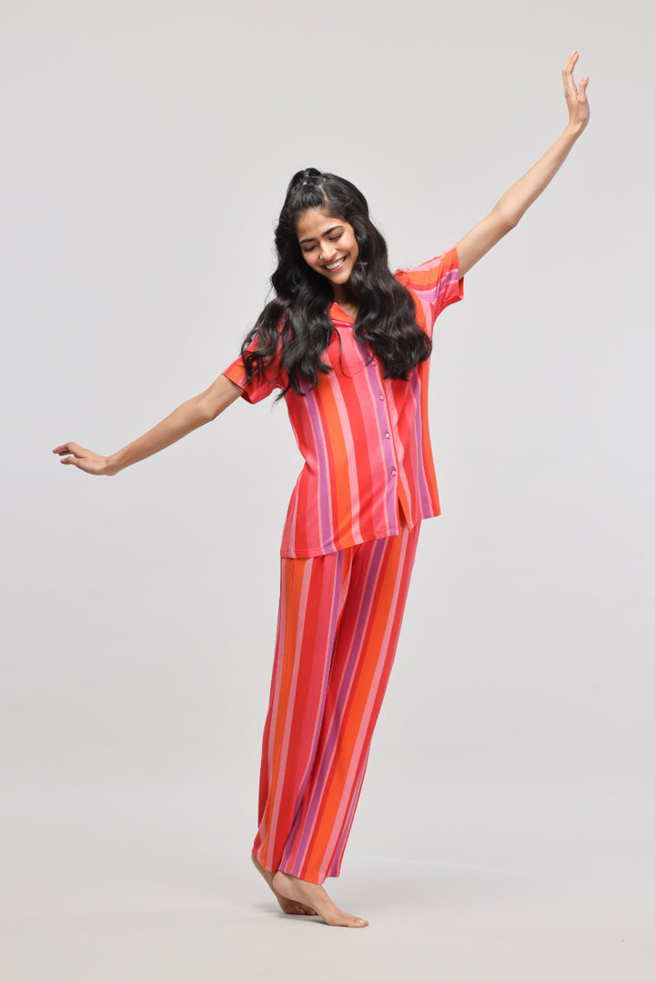 Stylish red striped pajama set for comfortable sleepwear.