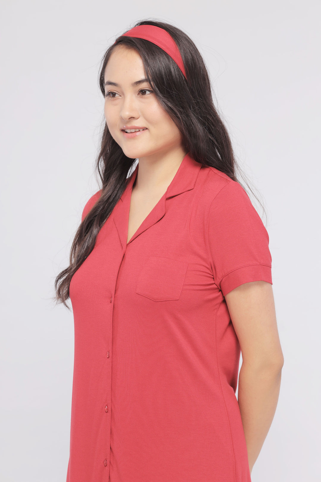 Romantic red lace button down dress with short sleeves.