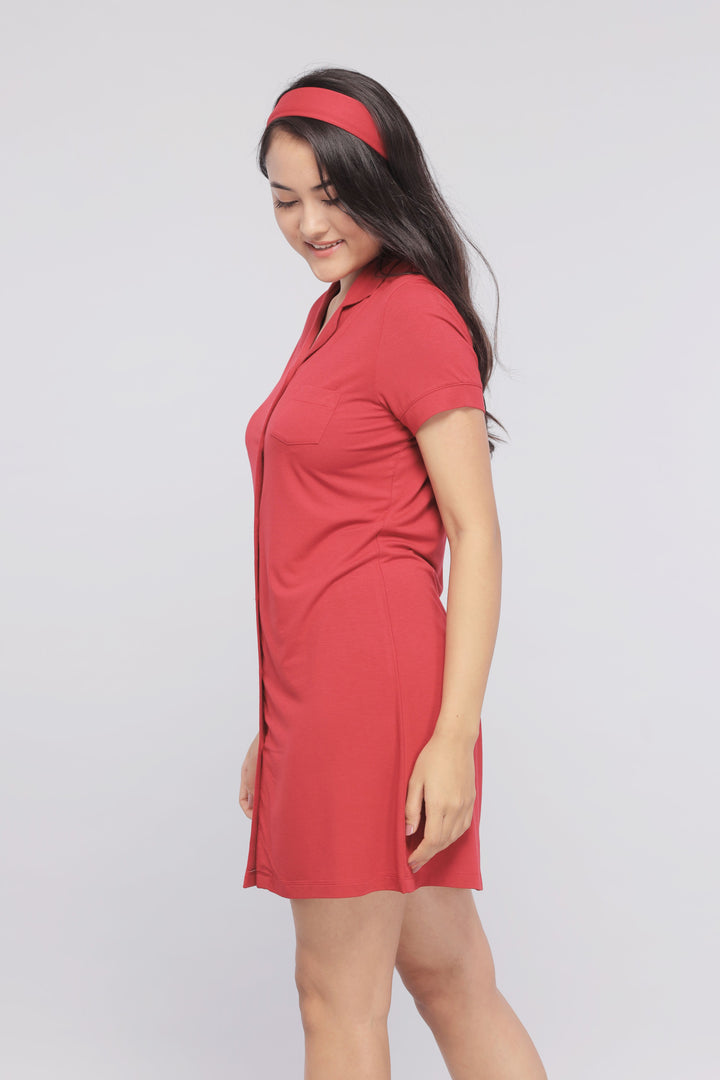 Romantic red lace button down dress with stylish short sleeves.