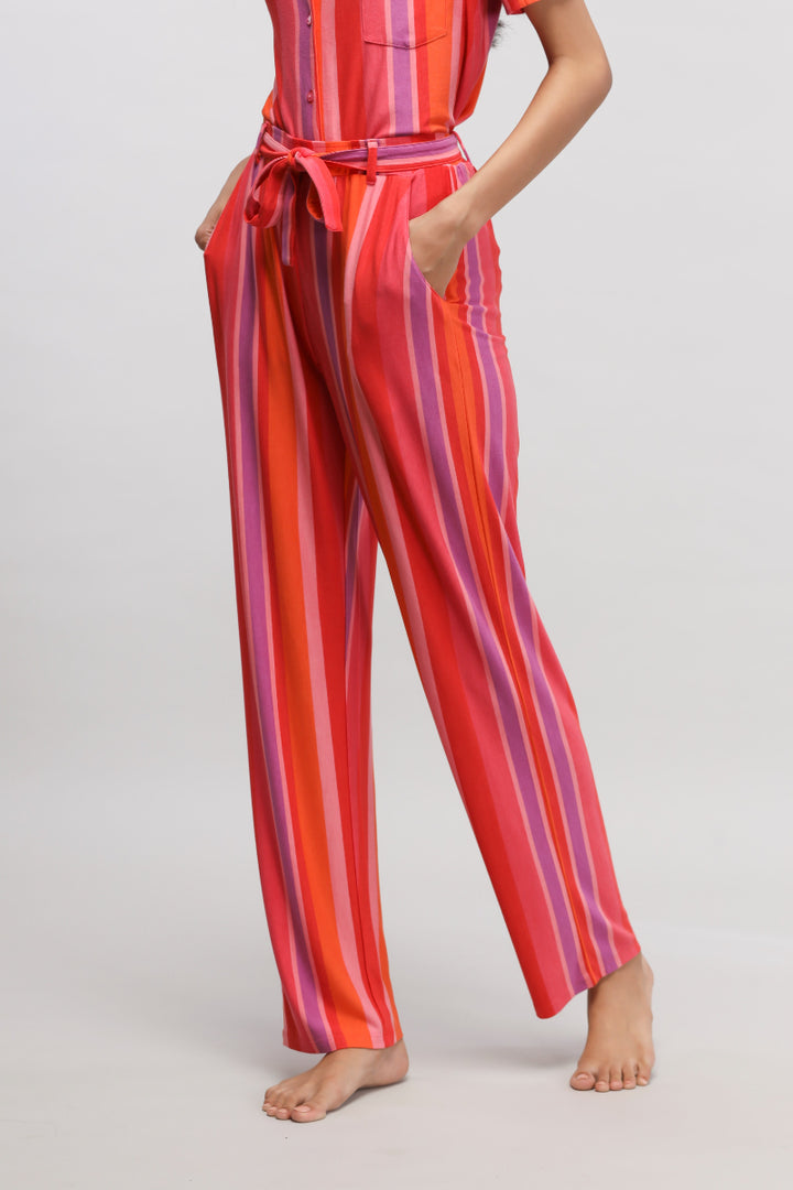 Red stripe pajama set with vibrant colors and relaxed fit.