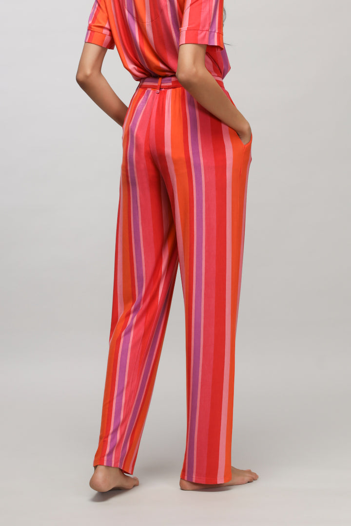 Red striped pajamas in pink and orange colors, comfortable fit.