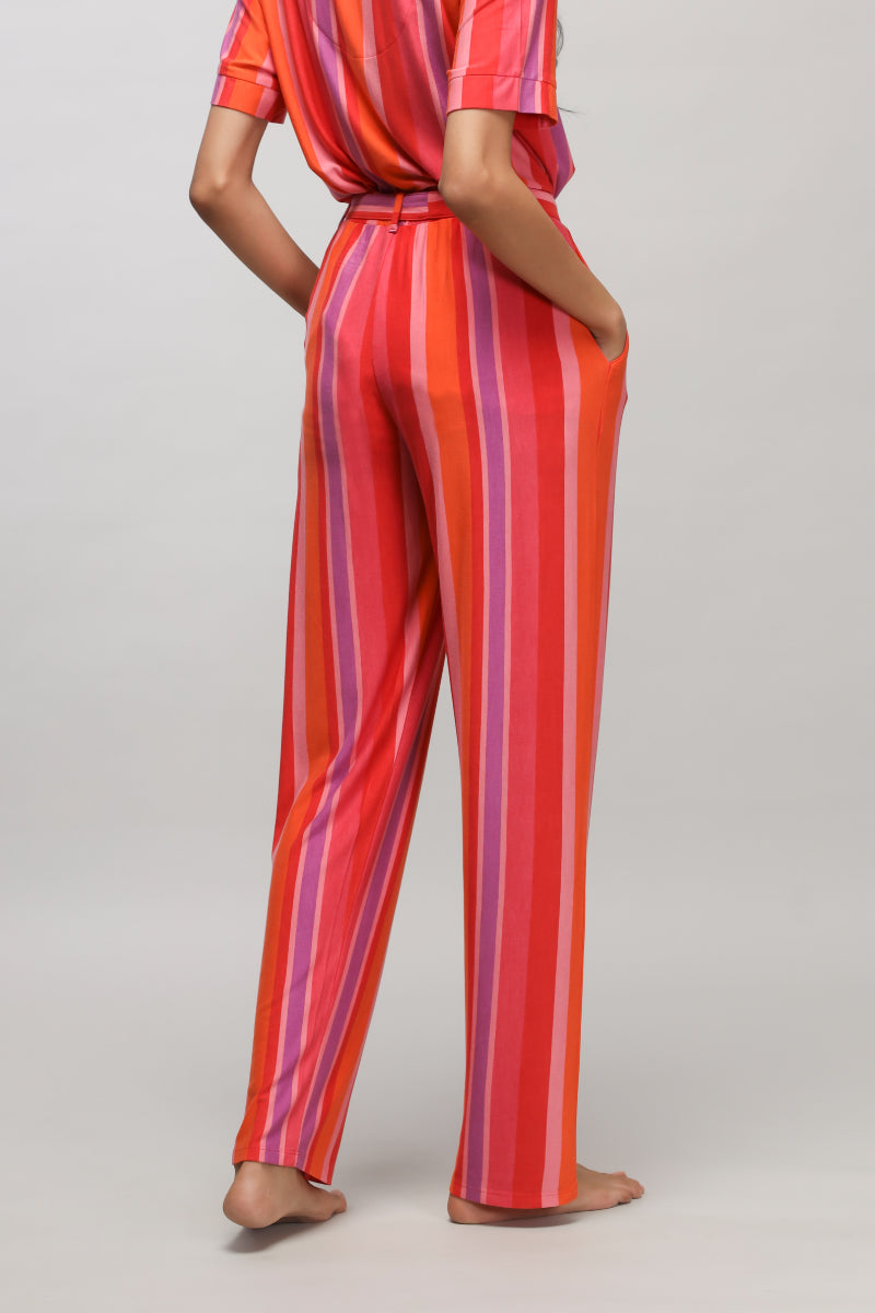 Red striped pajama set with stylish long pants and short sleeves.