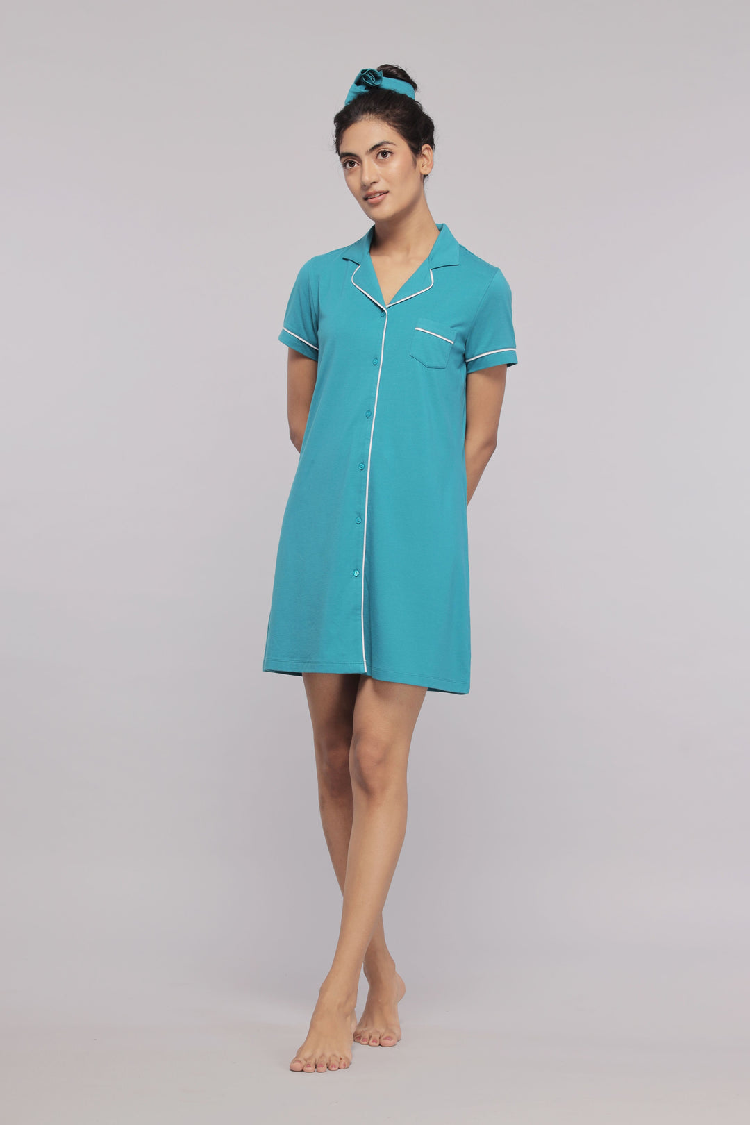 Women Collar Down Button Dress With White Piping