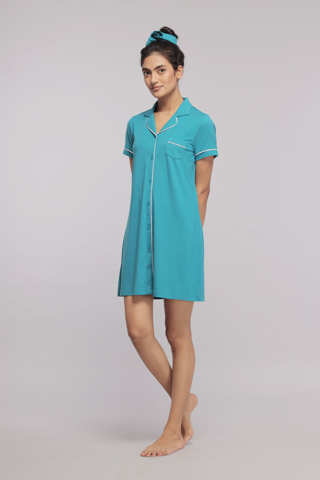 Women Collar Down Button Dress With White Piping