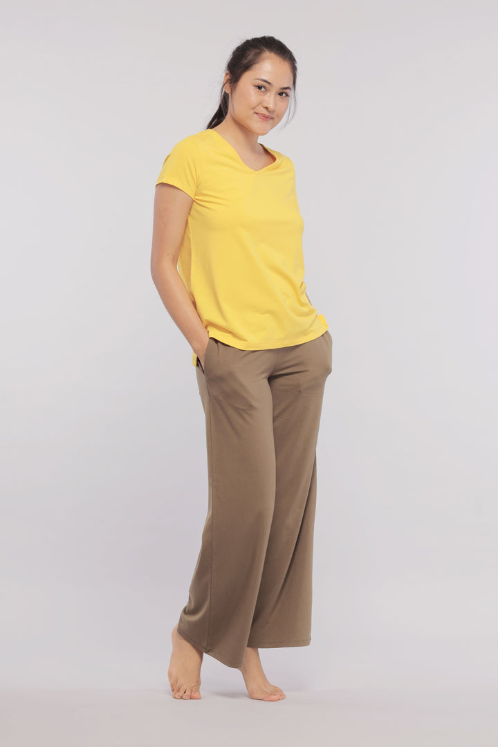 Military Olive Flared Supima® Lounge Pant outfit with yellow top.