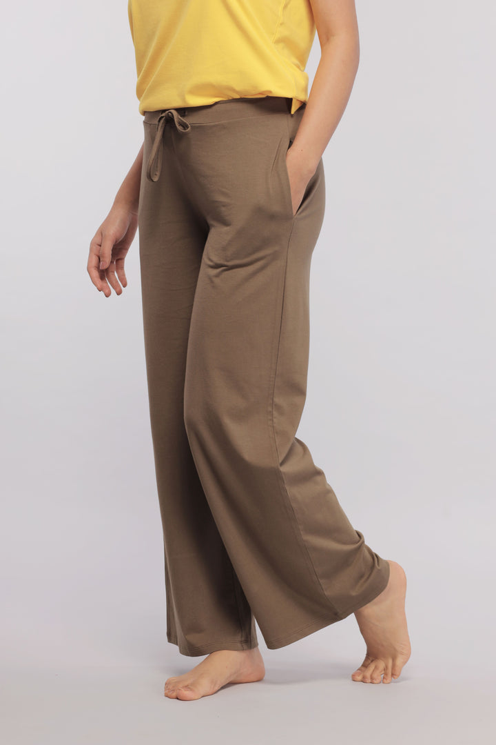 Military olive flared Supima lounge pant with pockets and drawstring.