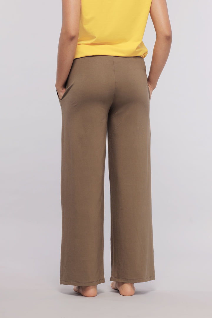 Military olive flared Supima lounge pants with pockets, back view.