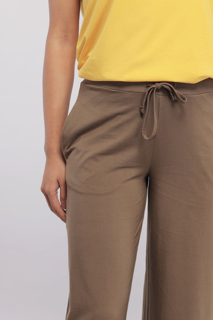 Military olive flared Supima® lounge pant with drawstring detail.