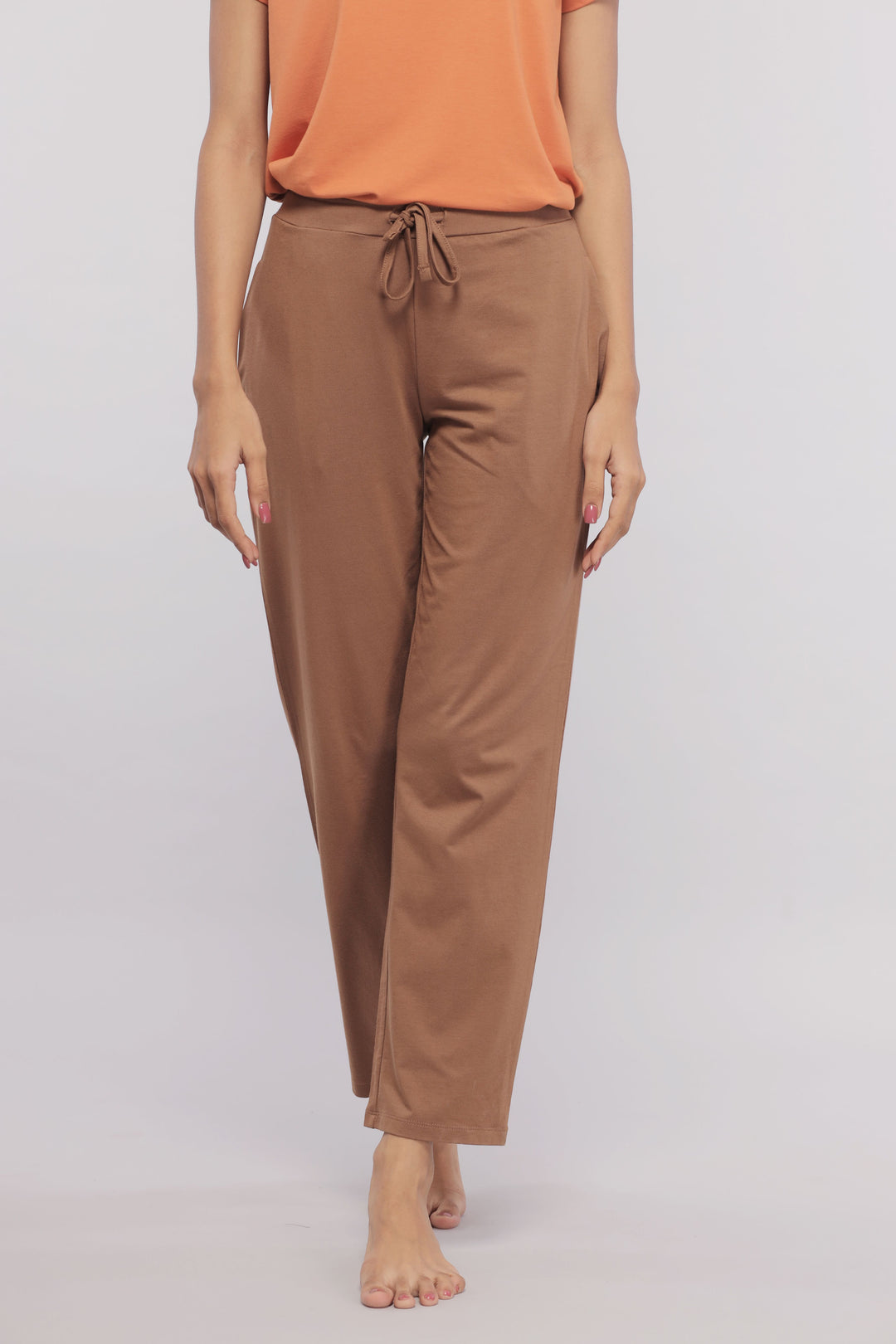 Home Brown Straight Supima® Lounge Set featuring comfortable drawstring pants.