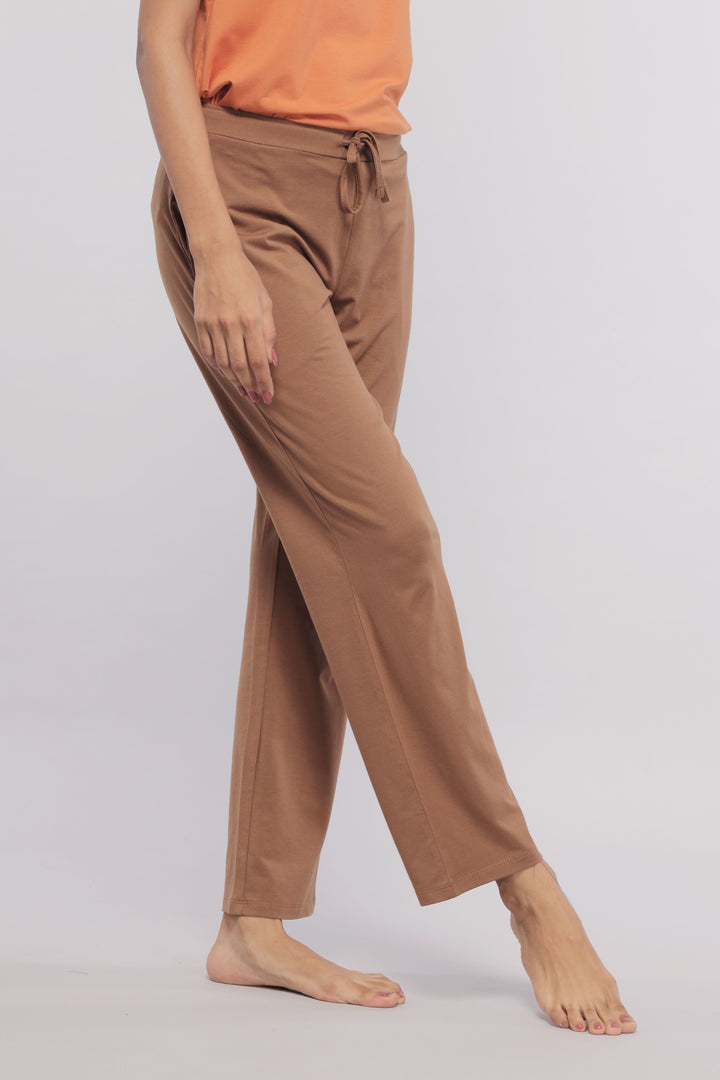 Home brown straight Supima® lounge set for comfortable indoor wear.