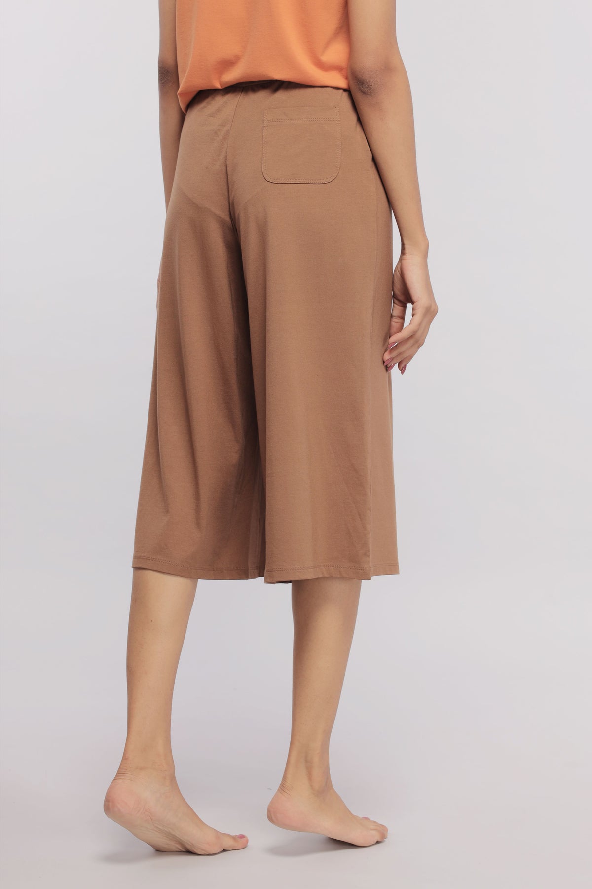 Home brown Supima® culottes showcased from the back, stylish and comfortable design.